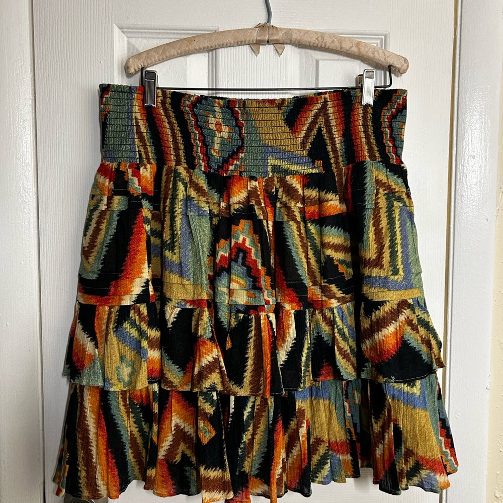 Ralph Lauren Lauren Tiered Mini Skirt Size 14 Southwestern Aztec Print Boho - Picture 2 of 8